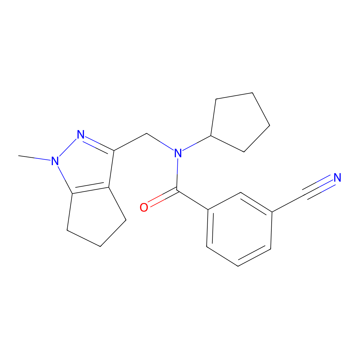 3-cyano-N-cyclopentyl-N-((1-methyl-1,4,5,6-tetrahydrocyclopenta[c]pyrazol-3-yl)methyl)benzamide molecular structure, CAS 2034619-40-2