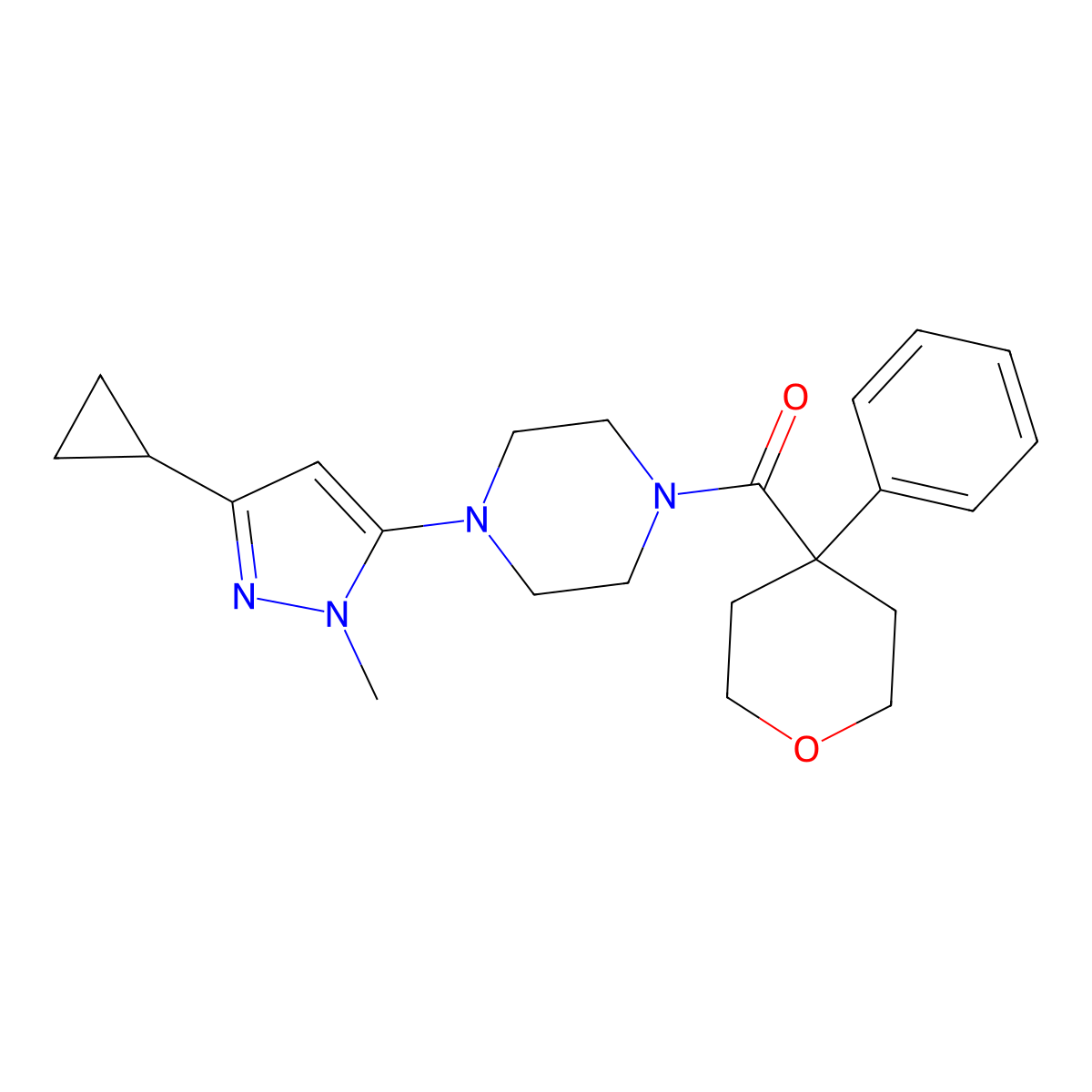 (4-(3-cyclopropyl-1-methyl-1H-pyrazol-5-yl)piperazin-1-yl)(4-phenyltetrahydro-2H-pyran-4-yl)methanone molecular structure, CAS 2034619-45-7