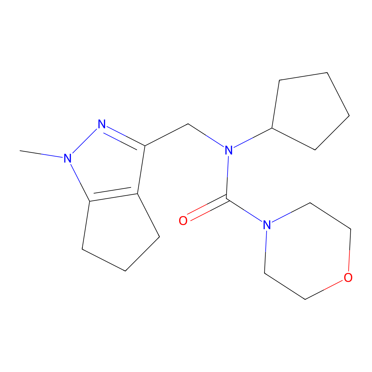 N-cyclopentyl-N-((1-methyl-1,4,5,6-tetrahydrocyclopenta[c]pyrazol-3-yl)methyl)morpholine-4-carboxamide molecular structure, CAS 2034619-46-8