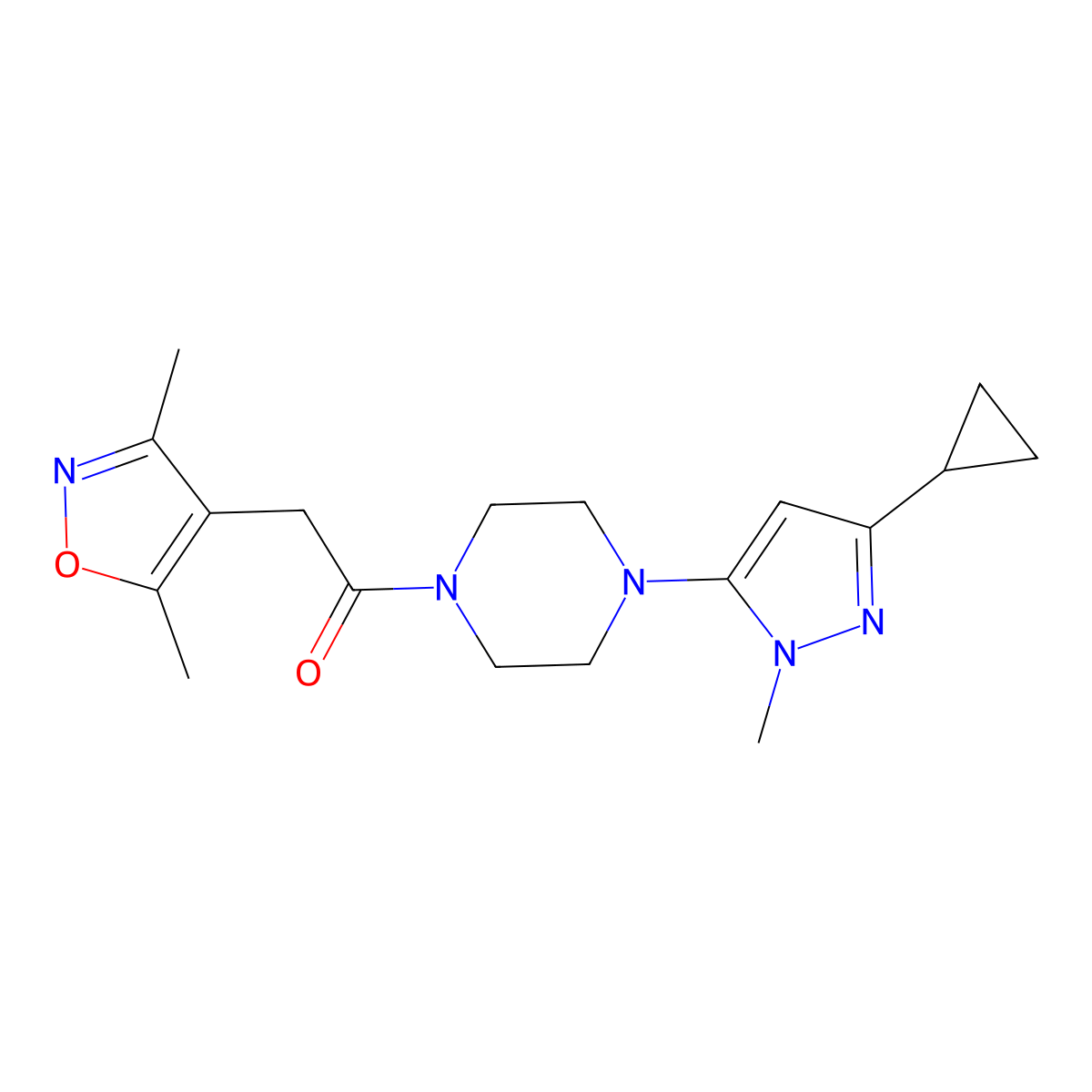1-(4-(3-cyclopropyl-1-methyl-1H-pyrazol-5-yl)piperazin-1-yl)-2-(3,5-dimethylisoxazol-4-yl)ethanone molecular structure, CAS 2034619-53-7