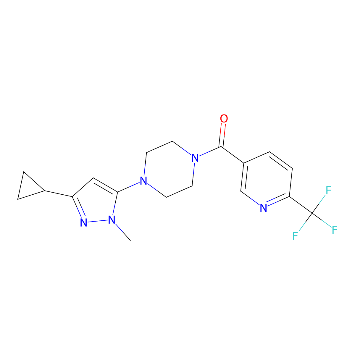 (4-(3-cyclopropyl-1-methyl-1H-pyrazol-5-yl)piperazin-1-yl)(6-(trifluoromethyl)pyridin-3-yl)methanone molecular structure, CAS 2034619-55-9