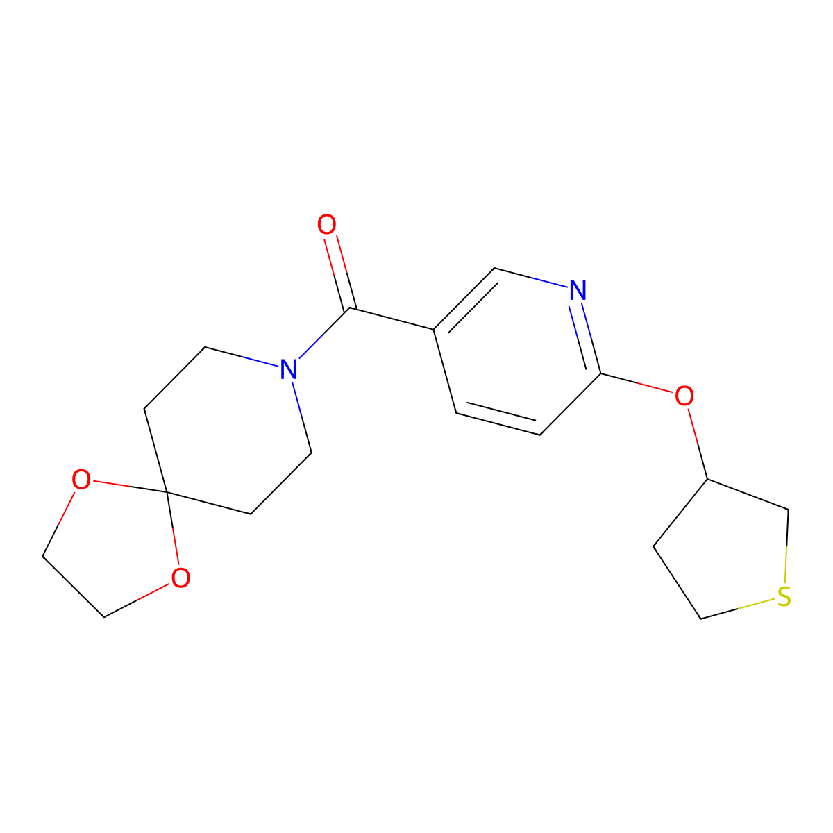 1,4-Dioxa-8-azaspiro[4.5]decan-8-yl(6-((tetrahydrothiophen-3-yl)oxy)pyridin-3-yl)methanone molecular structure, CAS 2034619-56-0