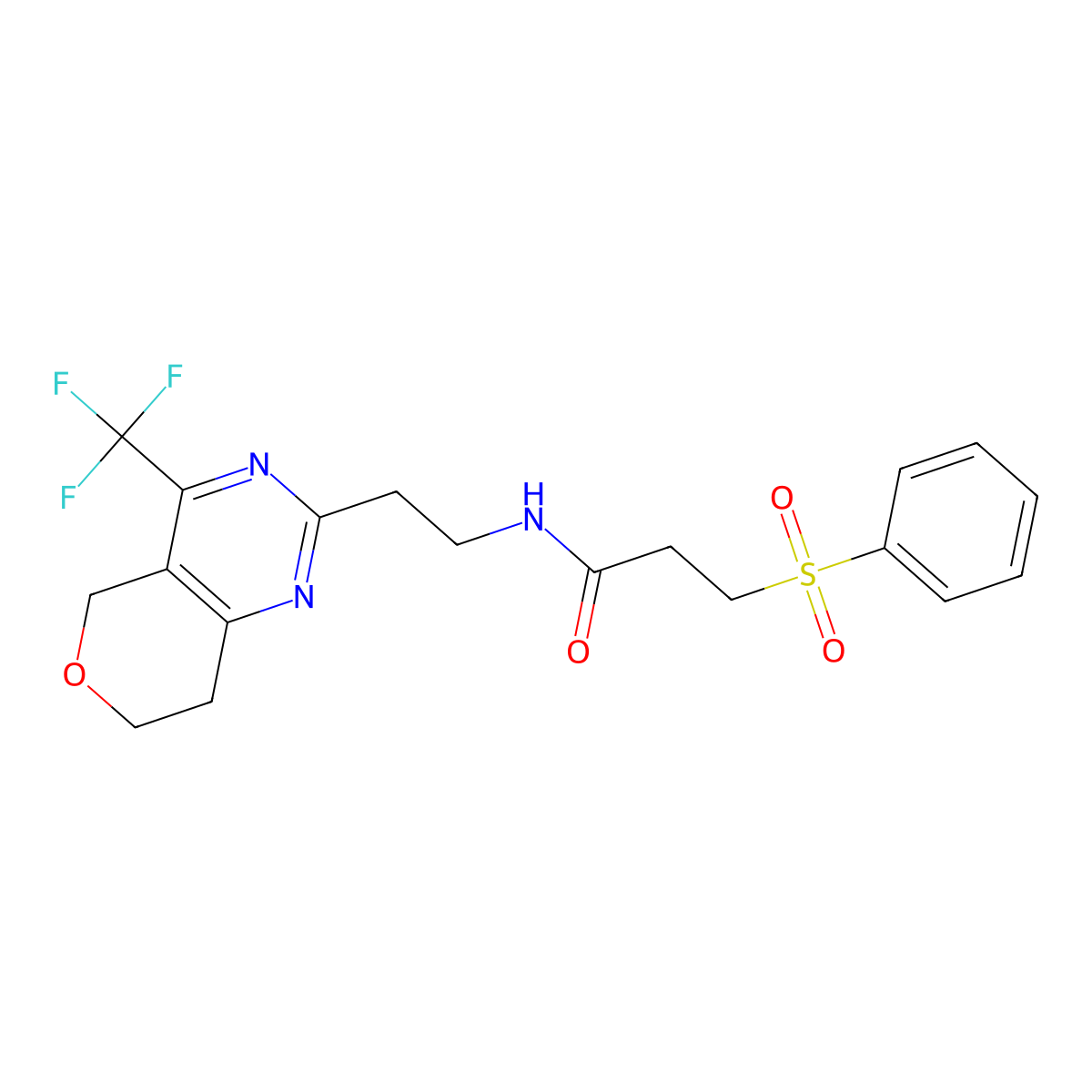 3-(phenylsulfonyl)-N-(2-(4-(trifluoromethyl)-7,8-dihydro-5H-pyrano[4,3-d]pyrimidin-2-yl)ethyl)propanamide molecular structure, CAS 2034619-58-2