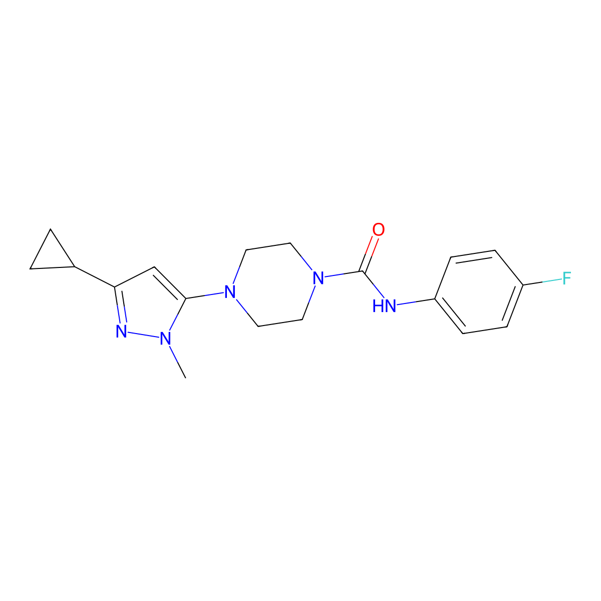 4-(3-cyclopropyl-1-methyl-1H-pyrazol-5-yl)-N-(4-fluorophenyl)piperazine-1-carboxamide molecular structure, CAS 2034619-60-6