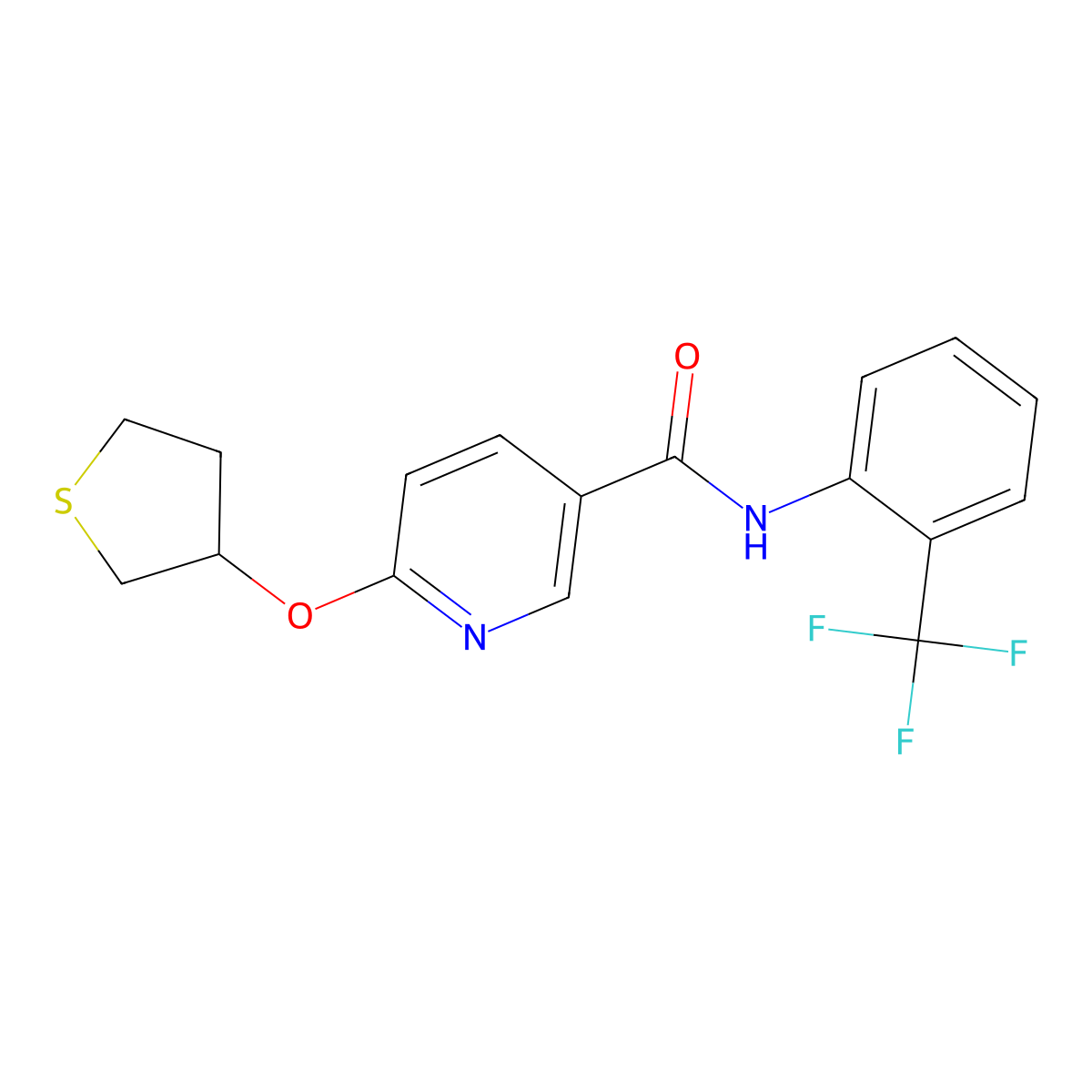 6-((tetrahydrothiophen-3-yl)oxy)-N-(2-(trifluoromethyl)phenyl)nicotinamide molecular structure, CAS 2034619-67-3