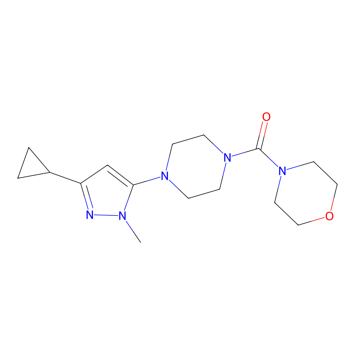 (4-(3-cyclopropyl-1-methyl-1H-pyrazol-5-yl)piperazin-1-yl)(morpholino)methanone molecular structure, CAS 2034619-70-8