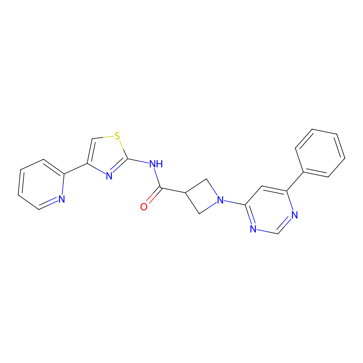 1-(6-phenylpyrimidin-4-yl)-N-(4-(pyridin-2-yl)thiazol-2-yl)azetidine-3-carboxamide molecular structure, CAS 2034619-74-2