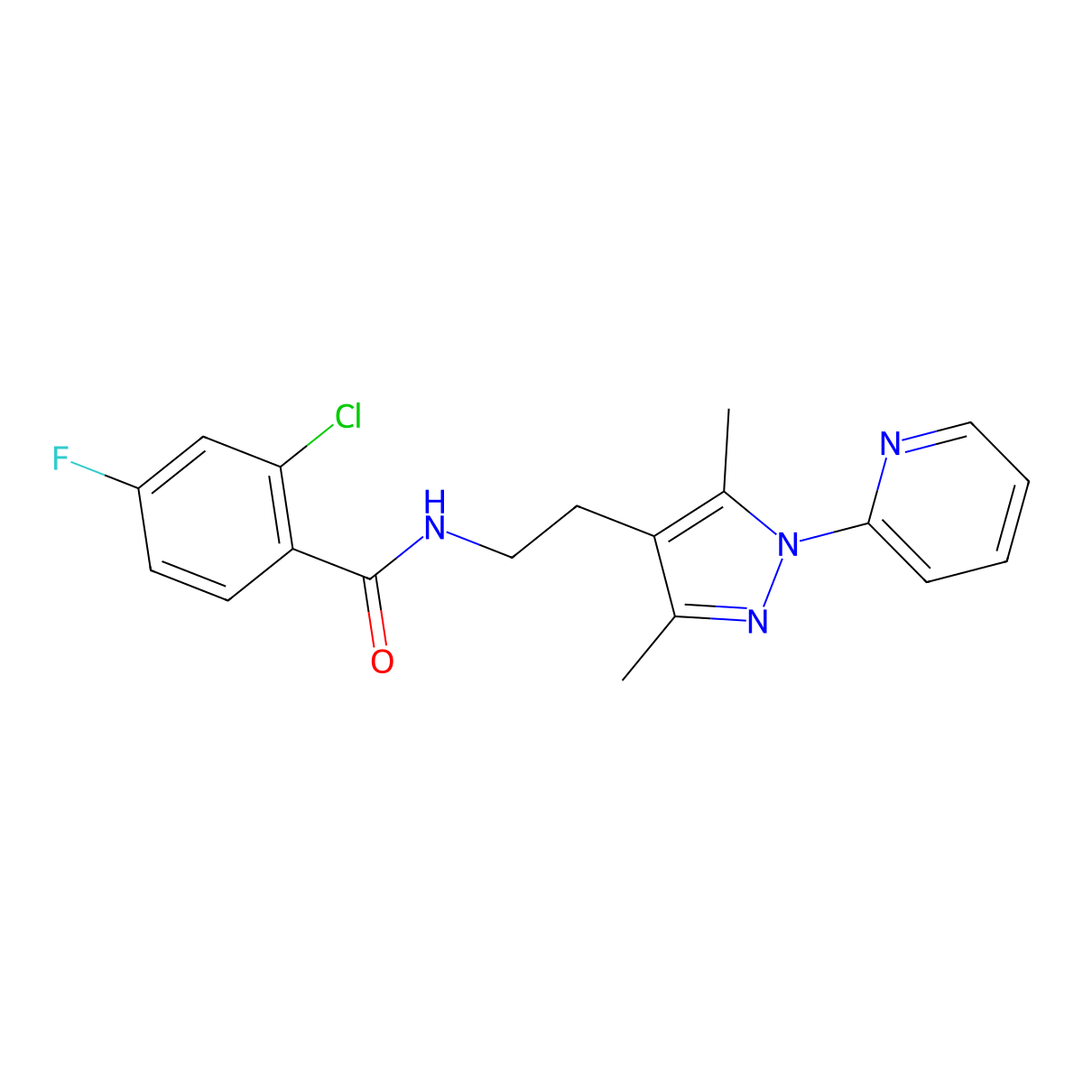 2-chloro-N-{2-[3,5-dimethyl-1-(pyridin-2-yl)-1H-pyrazol-4-yl]ethyl}-4-fluorobenzamide molecular structure, CAS 2034619-82-2