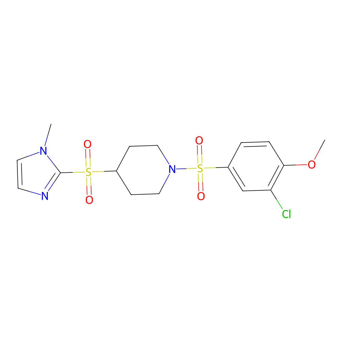 1-((3-chloro-4-methoxyphenyl)sulfonyl)-4-((1-methyl-1H-imidazol-2-yl)sulfonyl)piperidine molecular structure, CAS 2034620-01-2