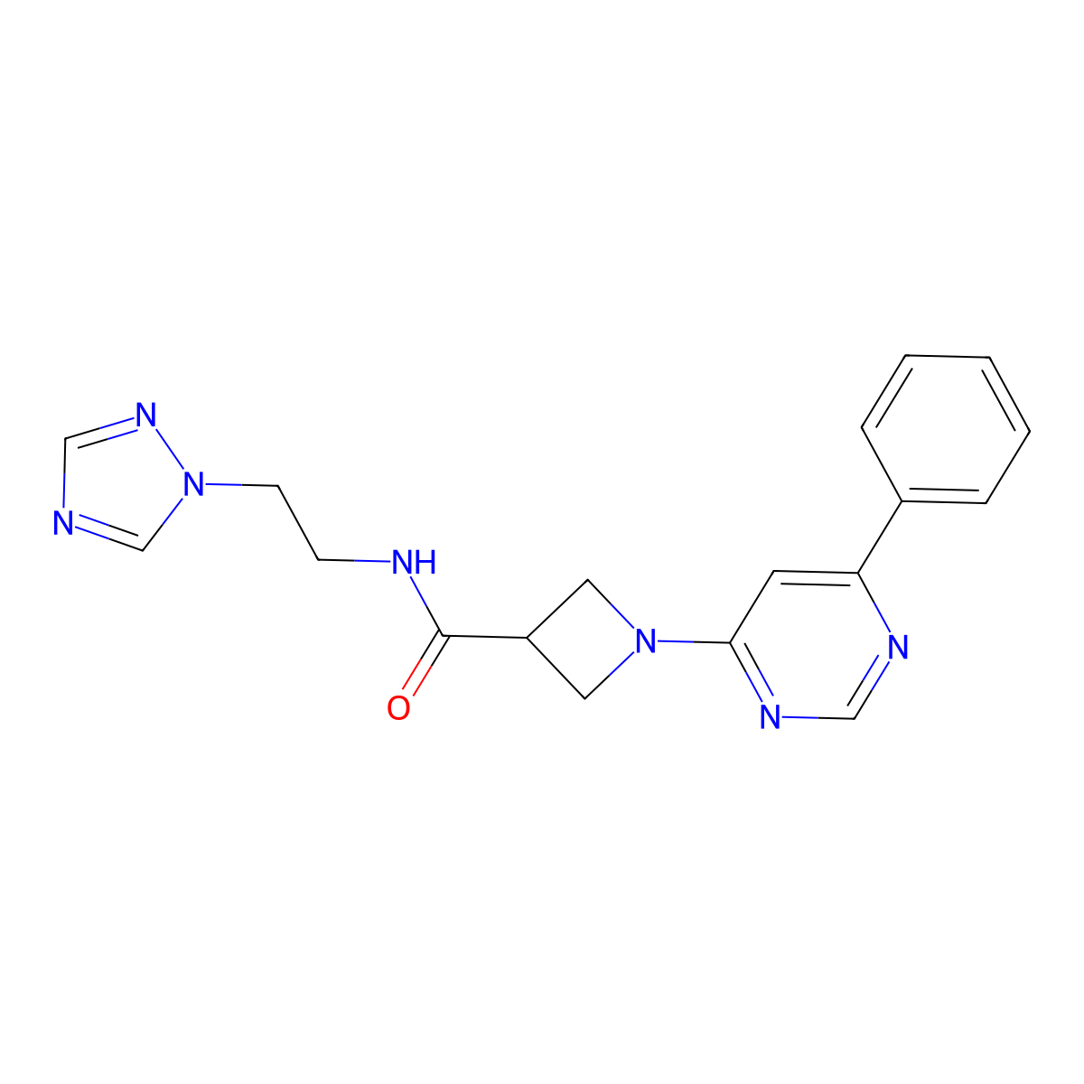 N-(2-(1H-1,2,4-triazol-1-yl)ethyl)-1-(6-phenylpyrimidin-4-yl)azetidine-3-carboxamide molecular structure, CAS 2034620-03-4