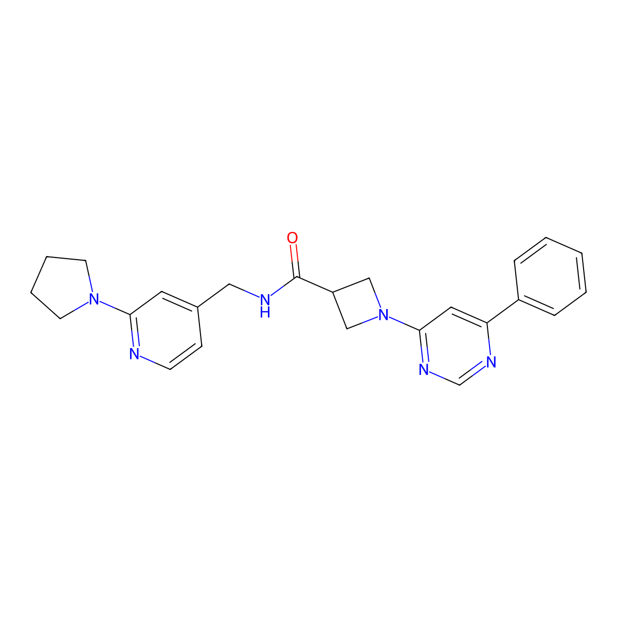 1-(6-phenylpyrimidin-4-yl)-N-((2-(pyrrolidin-1-yl)pyridin-4-yl)methyl)azetidine-3-carboxamide molecular structure, CAS 2034620-18-1