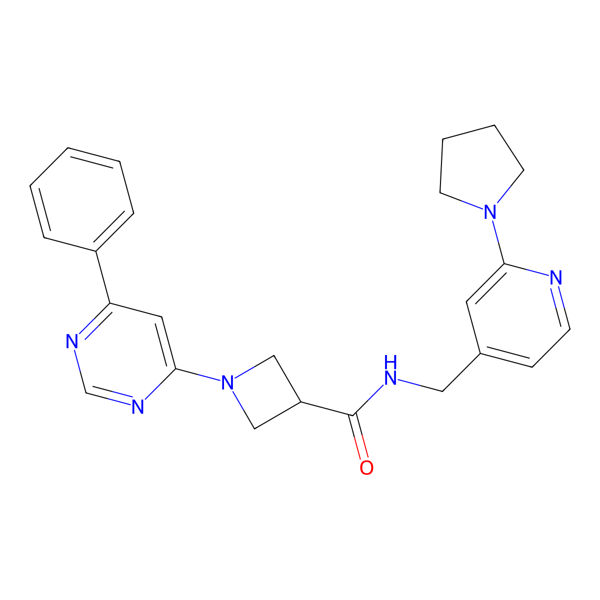 1-(6-phenylpyrimidin-4-yl)-N-((2-(pyrrolidin-1-yl)pyridin-4-yl)methyl)azetidine-3-carboxamide molecular structure, CAS 2034620-18-1