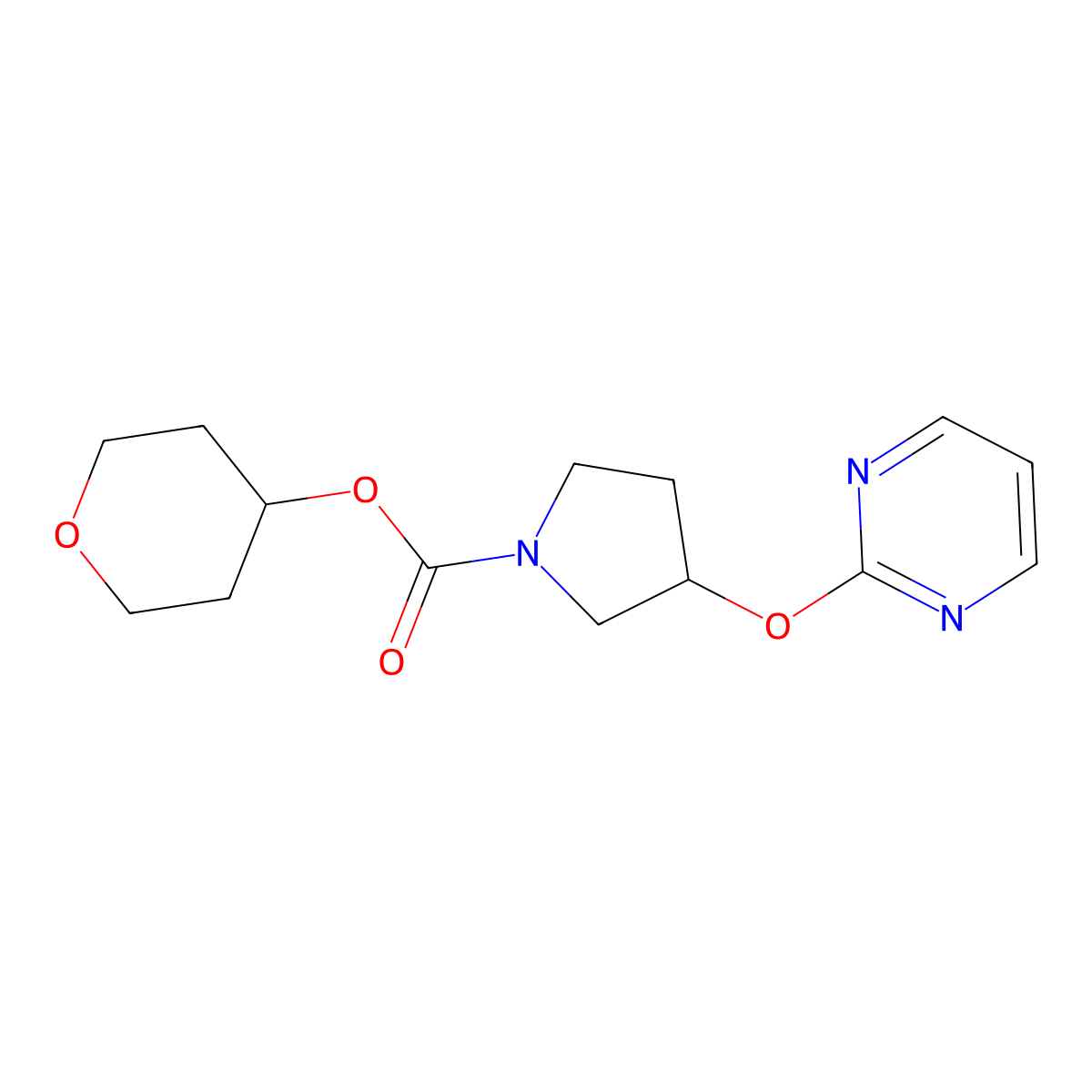 tetrahydro-2H-pyran-4-yl 3-(pyrimidin-2-yloxy)pyrrolidine-1-carboxylate molecular structure, CAS 2034620-25-0
