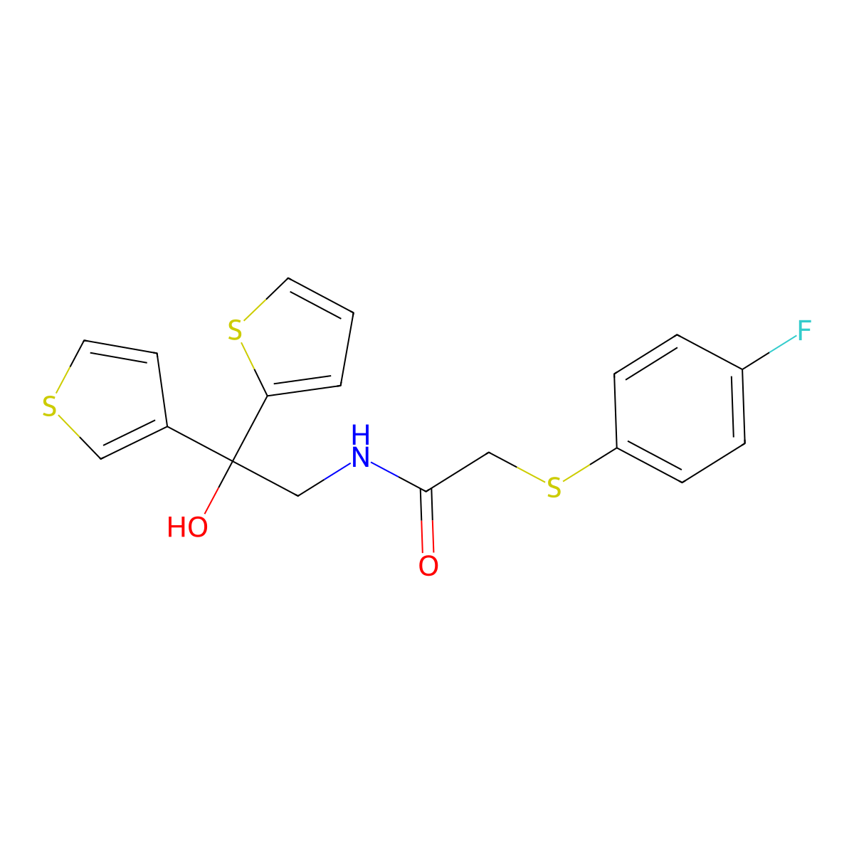 2-((4-fluorophenyl)thio)-N-(2-hydroxy-2-(thiophen-2-yl)-2-(thiophen-3-yl)ethyl)acetamide molecular structure, CAS 2034620-37-4