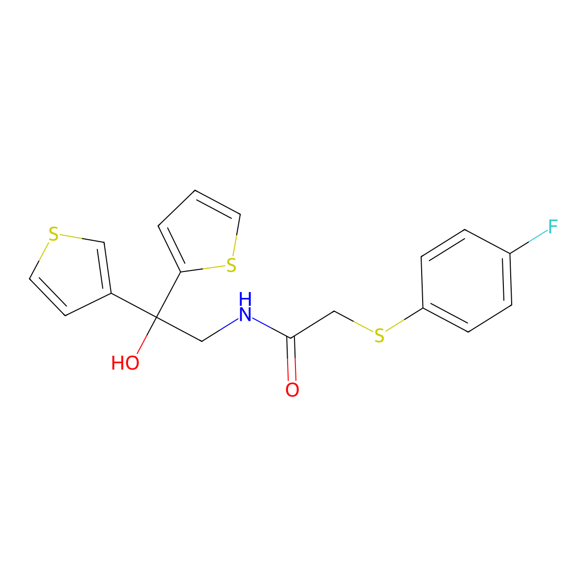2-((4-fluorophenyl)thio)-N-(2-hydroxy-2-(thiophen-2-yl)-2-(thiophen-3-yl)ethyl)acetamide molecular structure, CAS 2034620-37-4