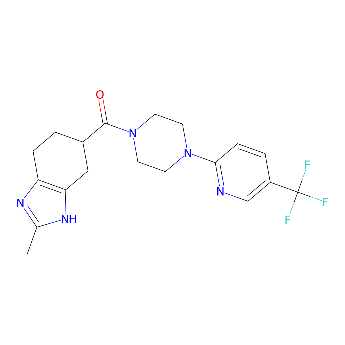 (2-methyl-4,5,6,7-tetrahydro-1H-benzo[d]imidazol-5-yl)(4-(5-(trifluoromethyl)pyridin-2-yl)piperazin-1-yl)methanone molecular structure, CAS 2034620-47-6