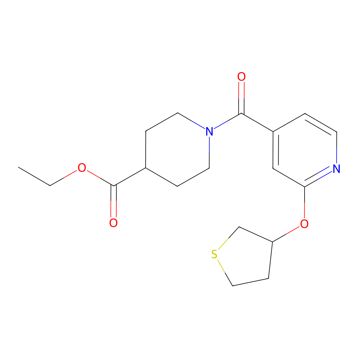 Ethyl 1-(2-((tetrahydrothiophen-3-yl)oxy)isonicotinoyl)piperidine-4-carboxylate molecular structure, CAS 2034620-49-8