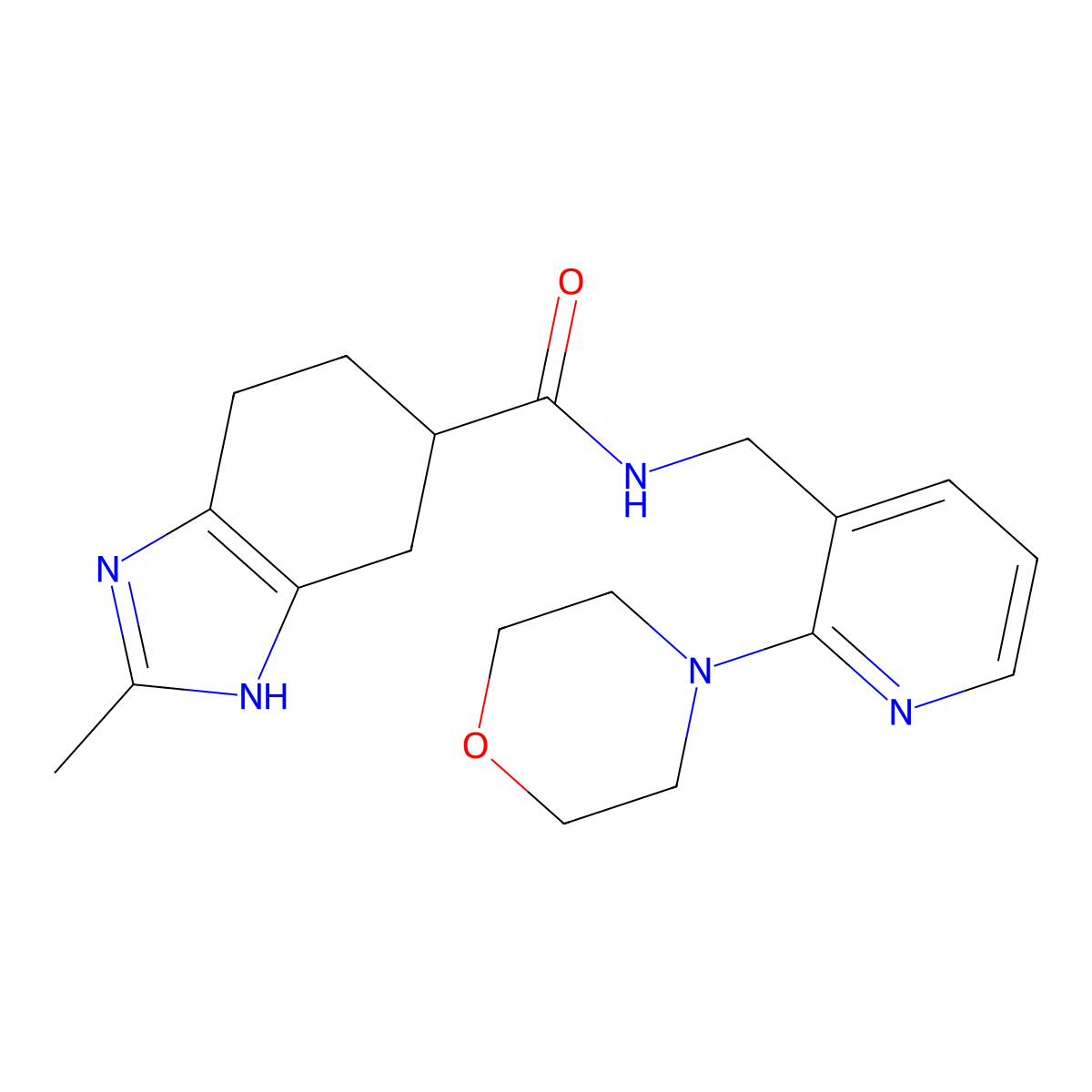 2-methyl-N-((2-morpholinopyridin-3-yl)methyl)-4,5,6,7-tetrahydro-1H-benzo[d]imidazole-5-carboxamide molecular structure, CAS 2034620-54-5
