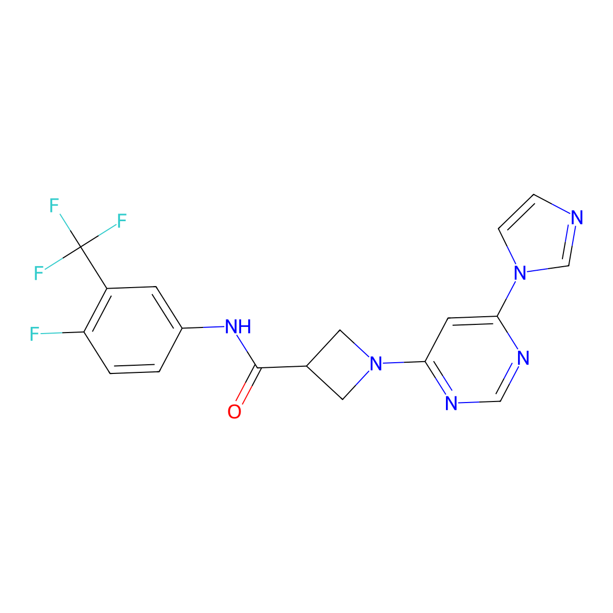 1-(6-(1H-imidazol-1-yl)pyrimidin-4-yl)-N-(4-fluoro-3-(trifluoromethyl)phenyl)azetidine-3-carboxamide molecular structure, CAS 2034620-60-3
