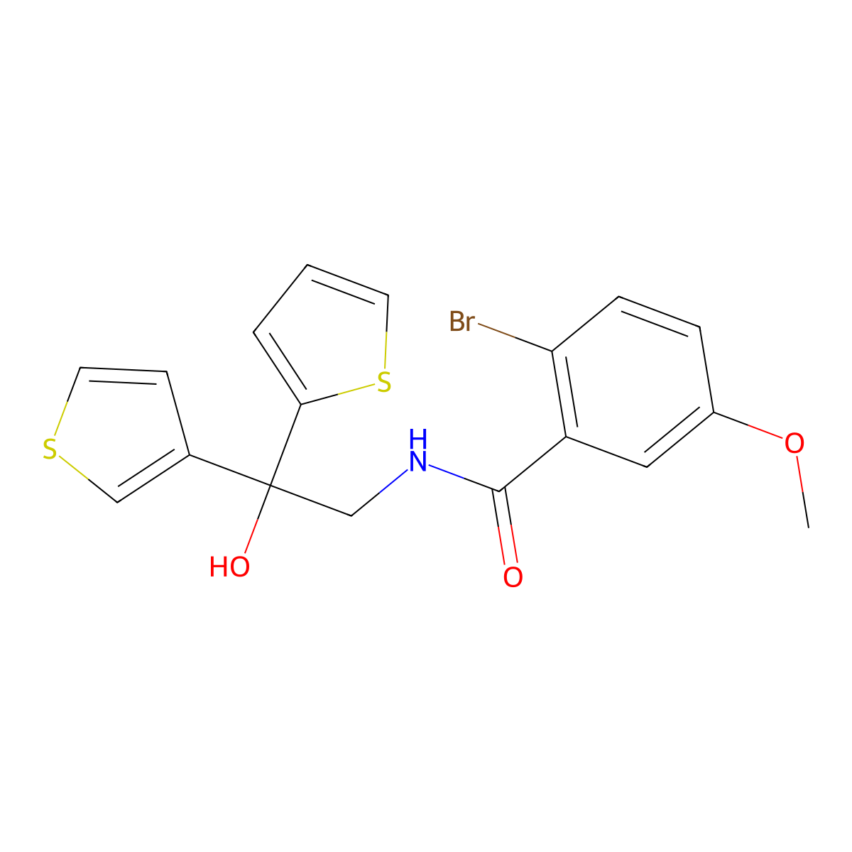 2-bromo-N-(2-hydroxy-2-(thiophen-2-yl)-2-(thiophen-3-yl)ethyl)-5-methoxybenzamide molecular structure, CAS 2034620-61-4