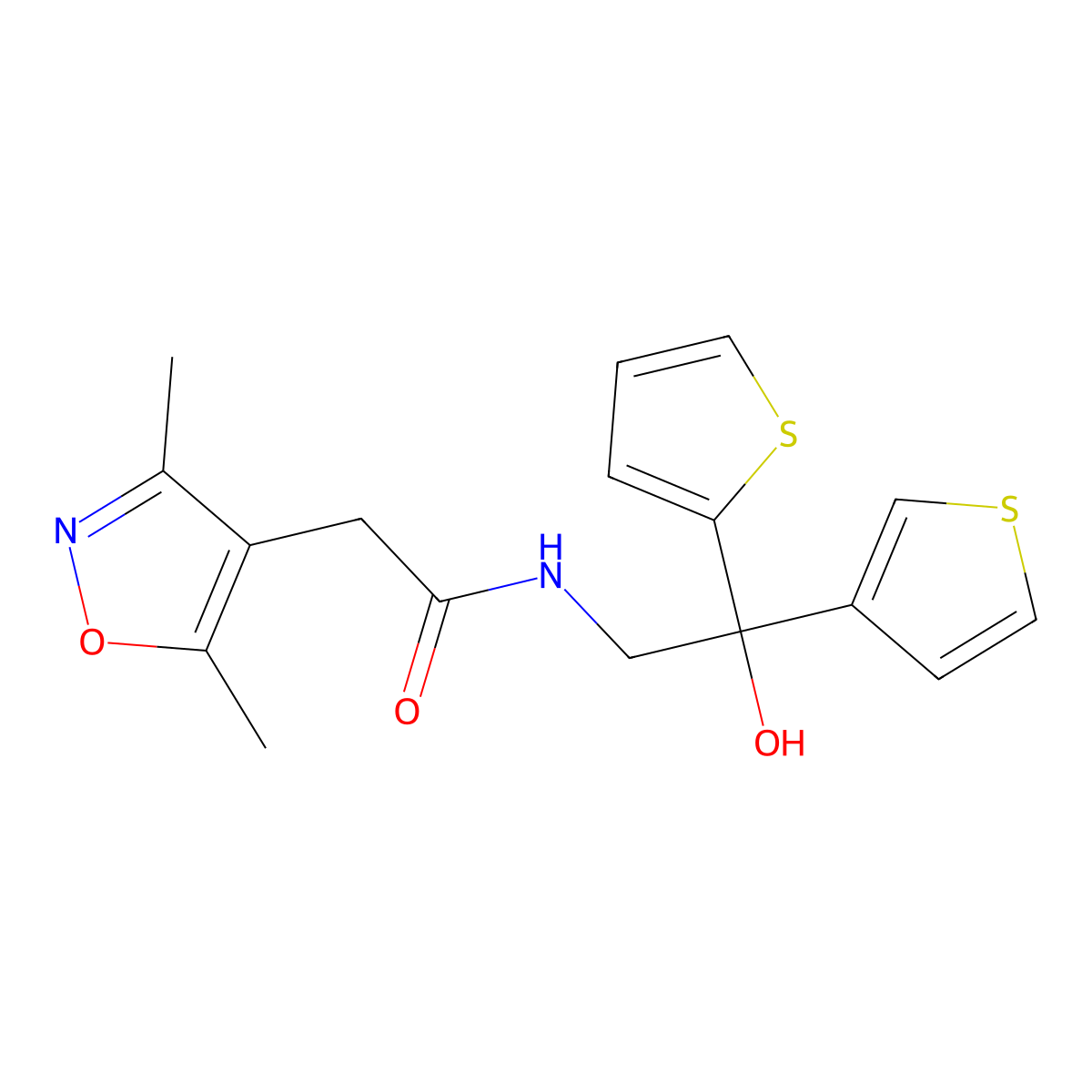 2-(3,5-dimethylisoxazol-4-yl)-N-(2-hydroxy-2-(thiophen-2-yl)-2-(thiophen-3-yl)ethyl)acetamide molecular structure, CAS 2034620-76-1