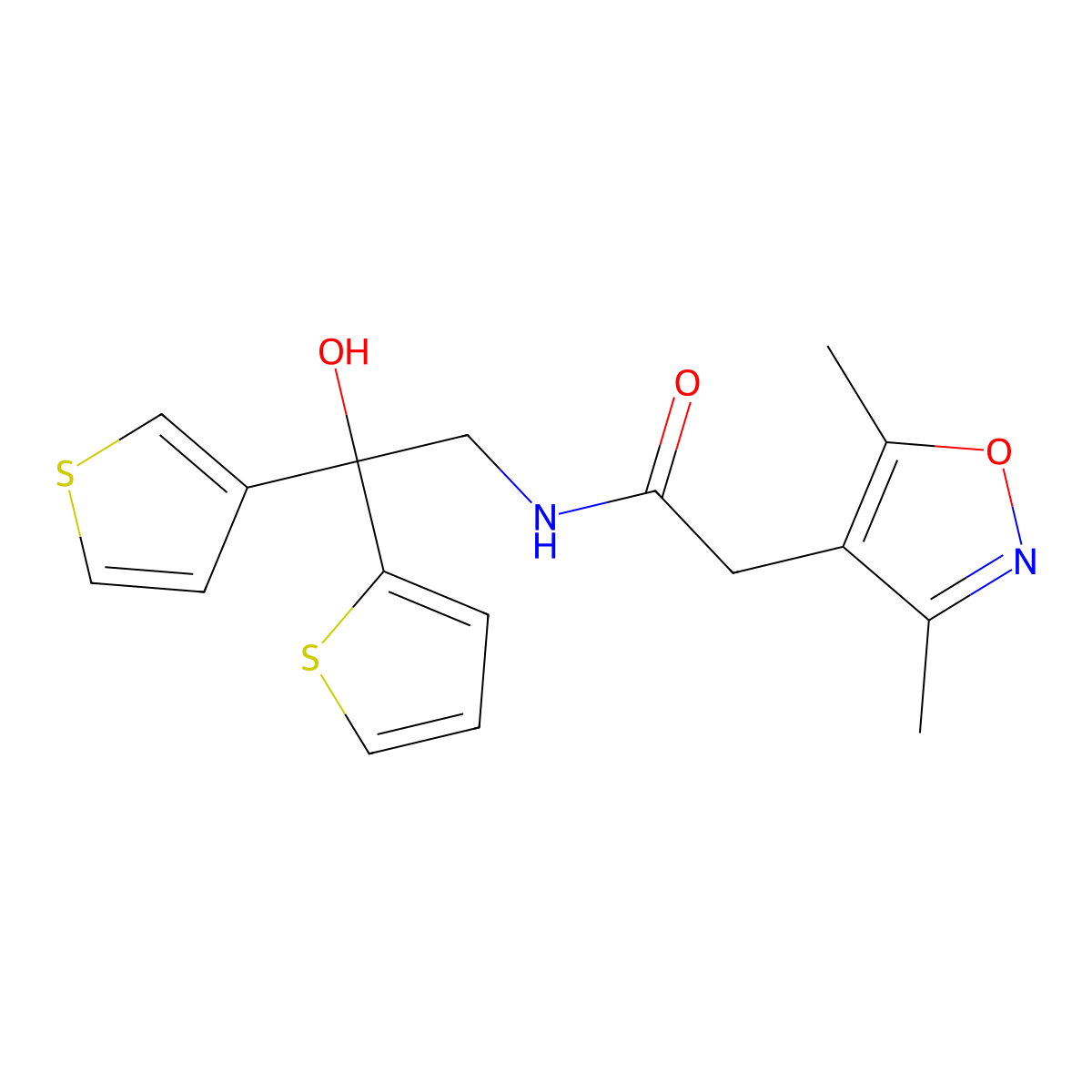 2-(3,5-dimethylisoxazol-4-yl)-N-(2-hydroxy-2-(thiophen-2-yl)-2-(thiophen-3-yl)ethyl)acetamide molecular structure, CAS 2034620-76-1