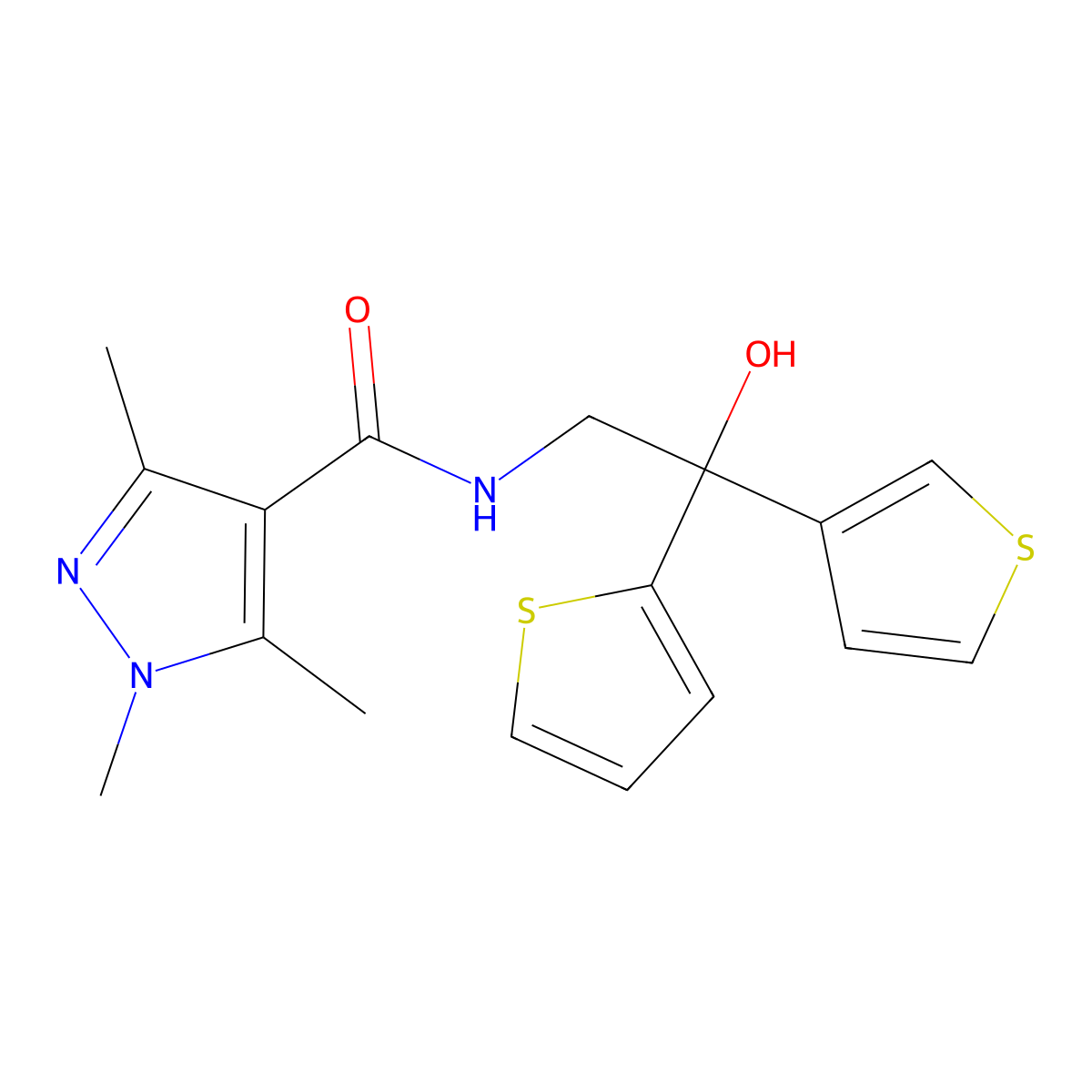 N-[2-hydroxy-2-(thiophen-2-yl)-2-(thiophen-3-yl)ethyl]-1,3,5-trimethyl-1H-pyrazole-4-carboxamide molecular structure, CAS 2034620-95-4