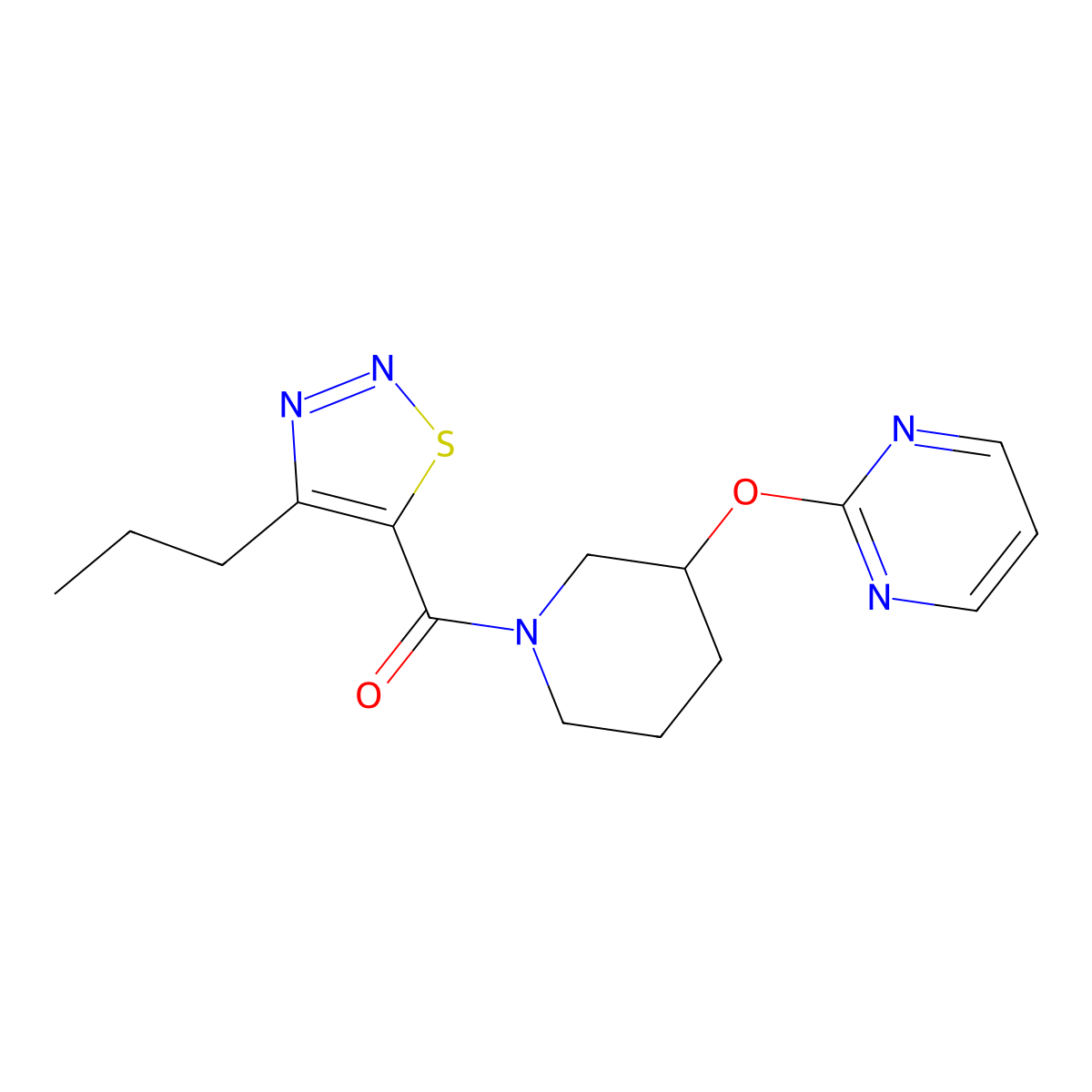(4-Propyl-1,2,3-thiadiazol-5-yl)(3-(pyrimidin-2-yloxy)piperidin-1-yl)methanone molecular structure, CAS 2034621-03-7