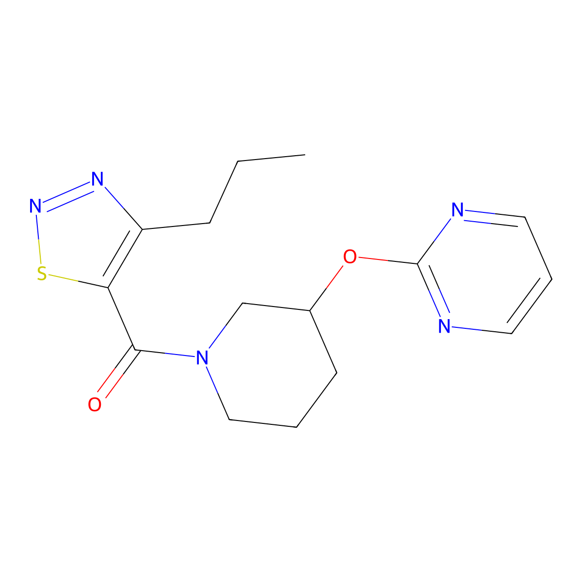 (4-Propyl-1,2,3-thiadiazol-5-yl)(3-(pyrimidin-2-yloxy)piperidin-1-yl)methanone molecular structure, CAS 2034621-03-7