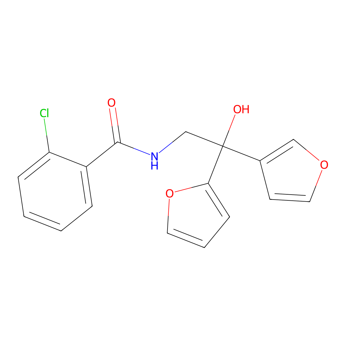 2-chloro-N-[2-(furan-2-yl)-2-(furan-3-yl)-2-hydroxyethyl]benzamide molecular structure, CAS 2034621-05-9