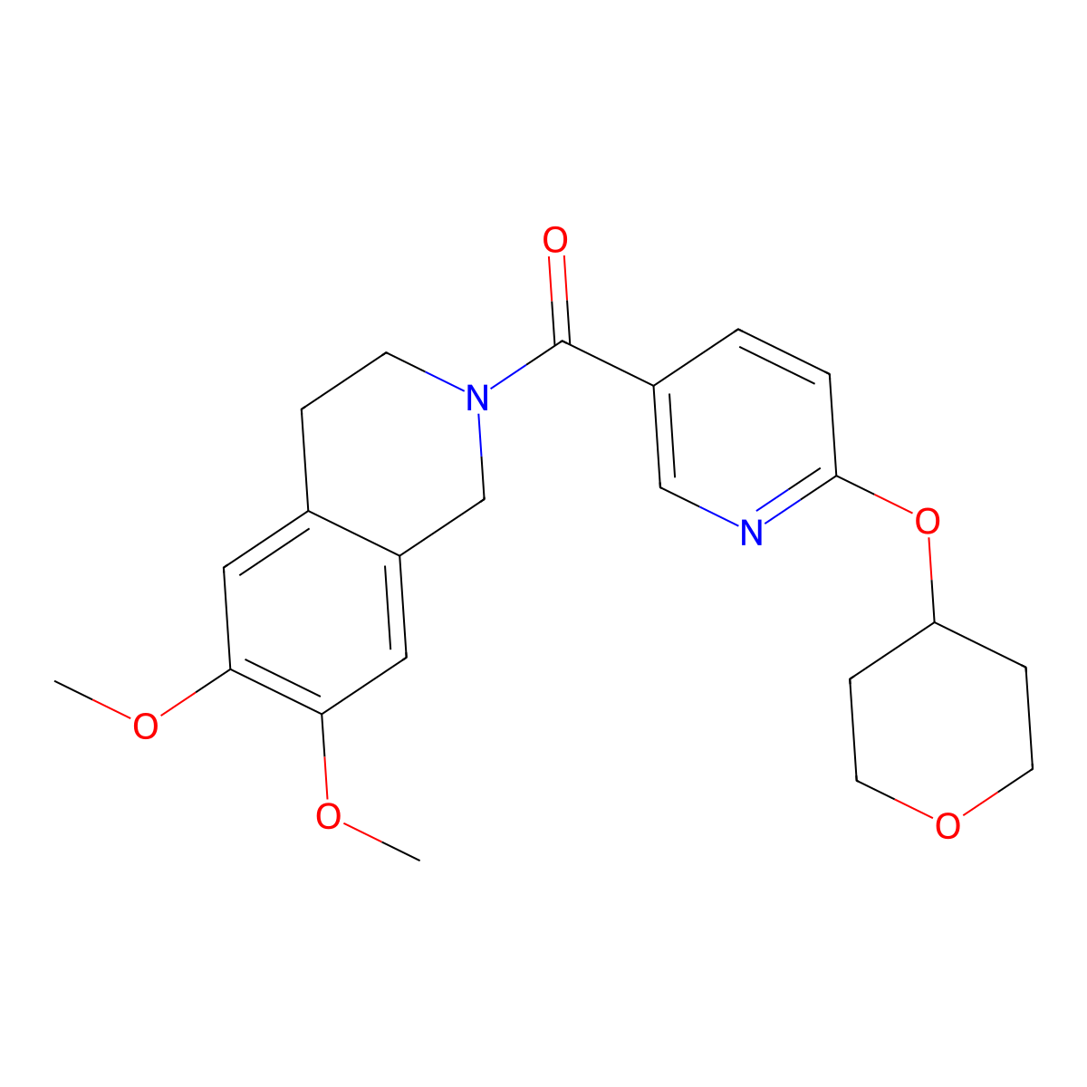 (6,7-dimethoxy-3,4-dihydroisoquinolin-2(1H)-yl)(6-((tetrahydro-2H-pyran-4-yl)oxy)pyridin-3-yl)methanone molecular structure, CAS 2034621-06-0