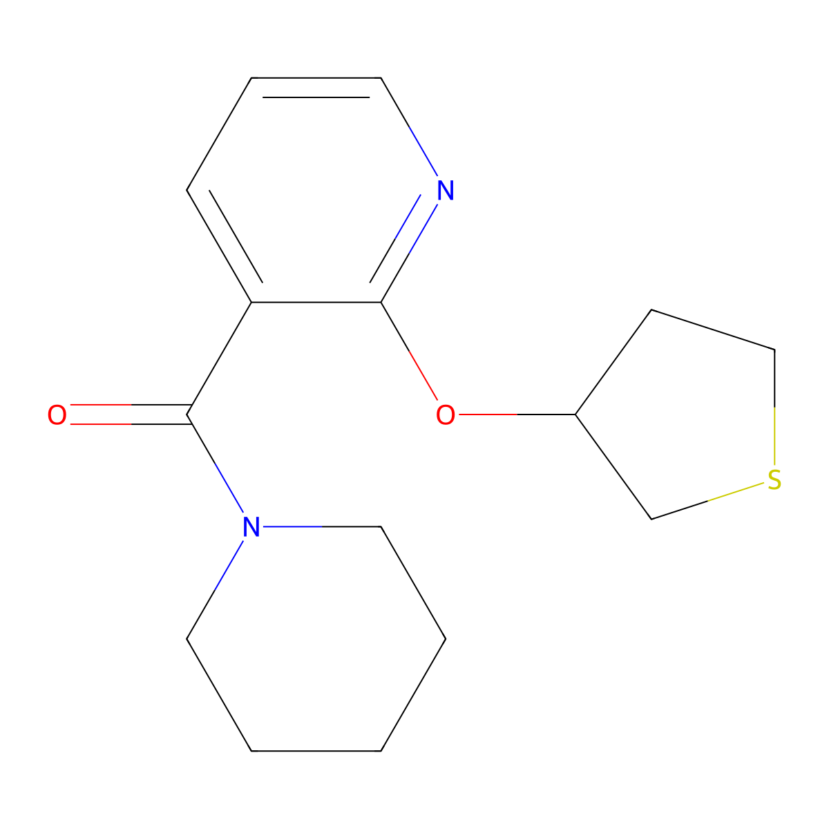 Piperidin-1-yl(2-((tetrahydrothiophen-3-yl)oxy)pyridin-3-yl)methanone molecular structure, CAS 2034621-16-2