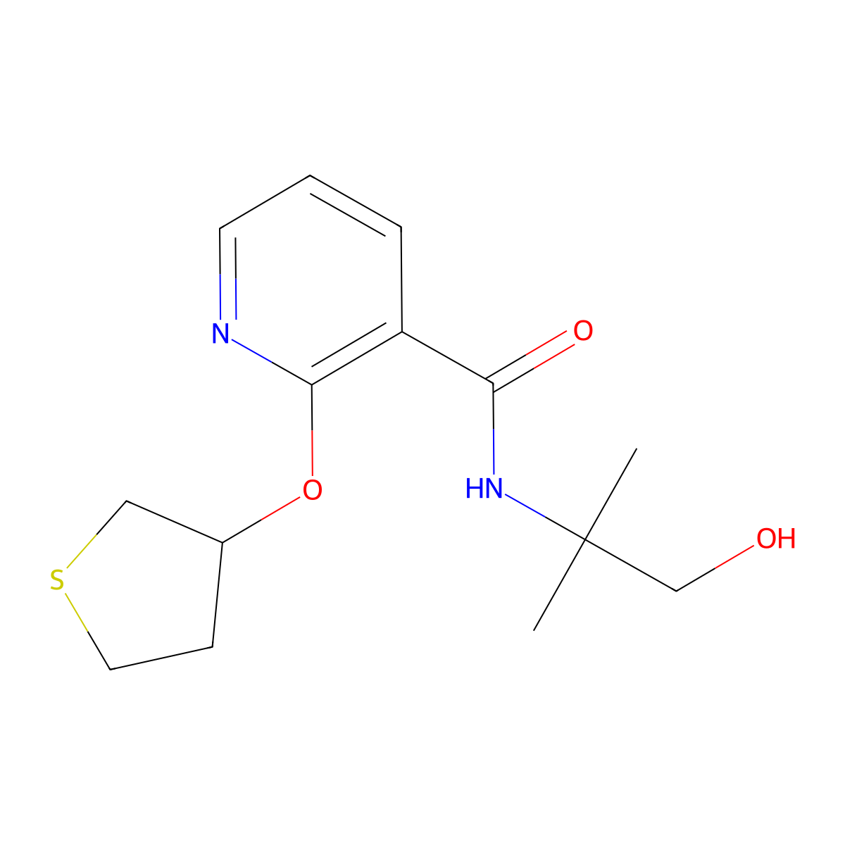 N-(1-hydroxy-2-methylpropan-2-yl)-2-((tetrahydrothiophen-3-yl)oxy)nicotinamide molecular structure, CAS 2034621-26-4