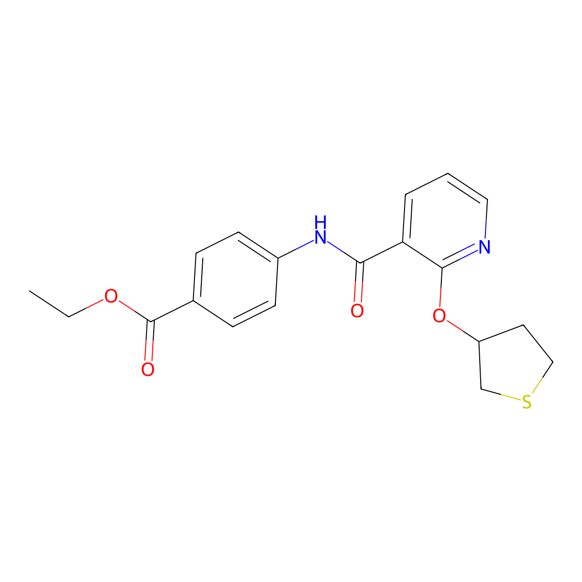 Ethyl 4-(2-((tetrahydrothiophen-3-yl)oxy)nicotinamido)benzoate molecular structure, CAS 2034621-54-8