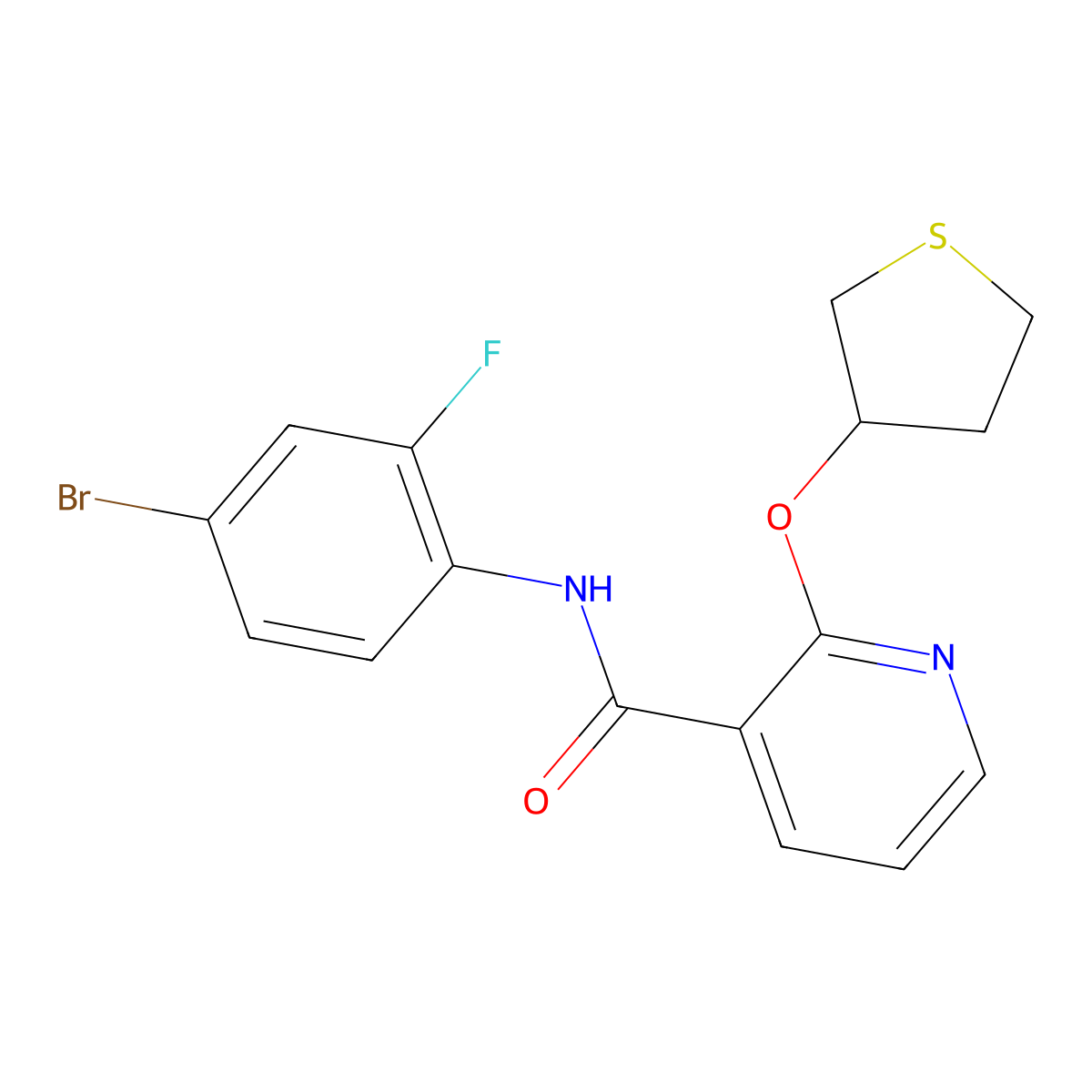 N-(4-bromo-2-fluorophenyl)-2-((tetrahydrothiophen-3-yl)oxy)nicotinamide molecular structure, CAS 2034621-63-9
