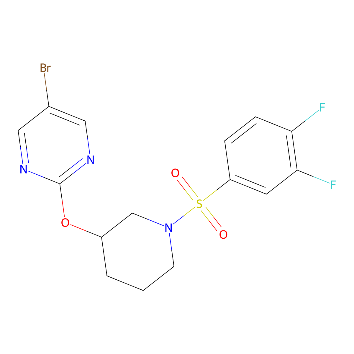 5-Bromo-2-((1-((3,4-difluorophenyl)sulfonyl)piperidin-3-yl)oxy)pyrimidine molecular structure, CAS 2034621-66-2