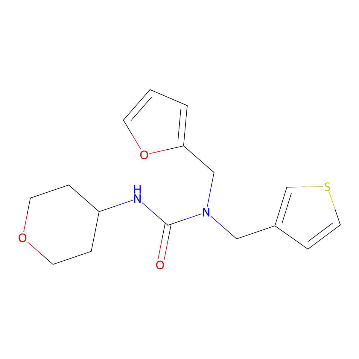 1-(furan-2-ylmethyl)-3-(tetrahydro-2H-pyran-4-yl)-1-(thiophen-3-ylmethyl)urea molecular structure, CAS 2034621-67-3