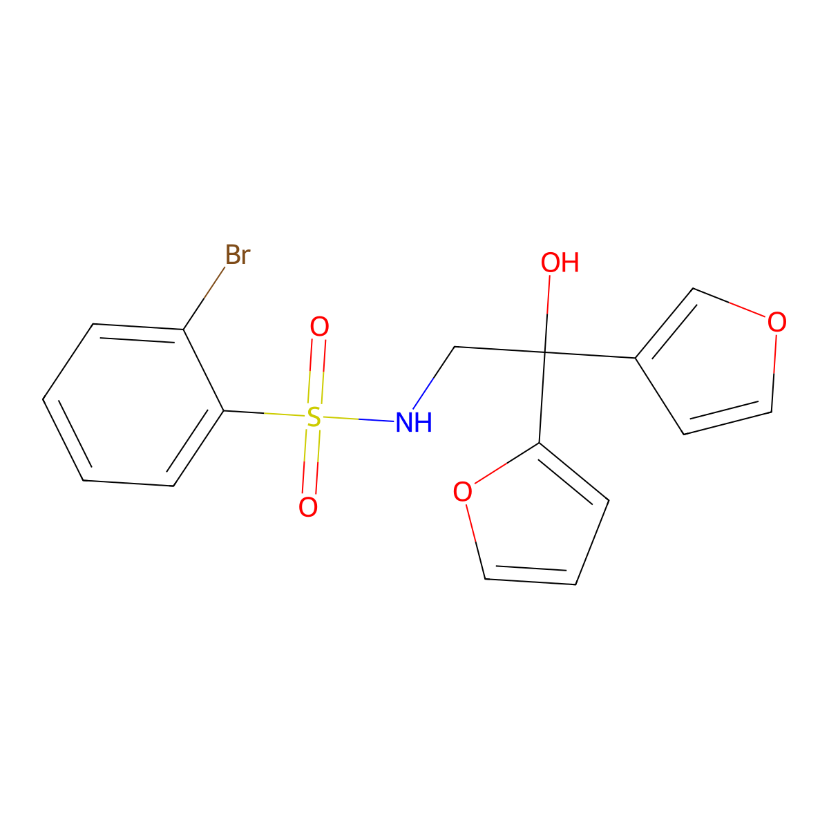 2-bromo-N-(2-(furan-2-yl)-2-(furan-3-yl)-2-hydroxyethyl)benzenesulfonamide molecular structure, CAS 2034621-84-4