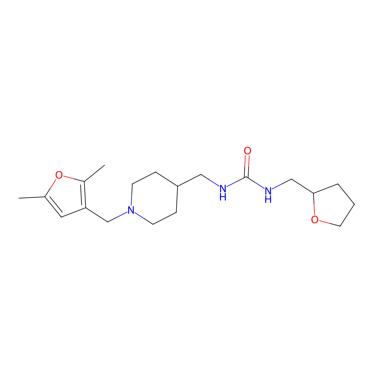 1-((1-((2,5-Dimethylfuran-3-yl)methyl)piperidin-4-yl)methyl)-3-((tetrahydrofuran-2-yl)methyl)urea molecular structure, CAS 2034621-90-2