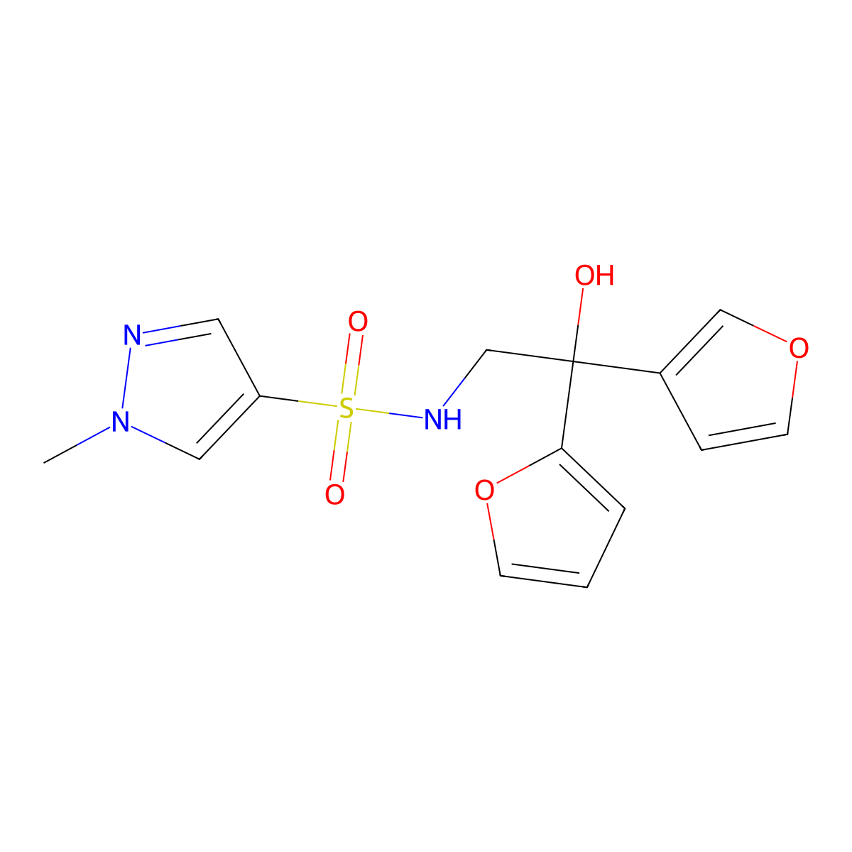 N-[2-(furan-2-yl)-2-(furan-3-yl)-2-hydroxyethyl]-1-methyl-1H-pyrazole-4-sulfonamide molecular structure, CAS 2034621-95-7