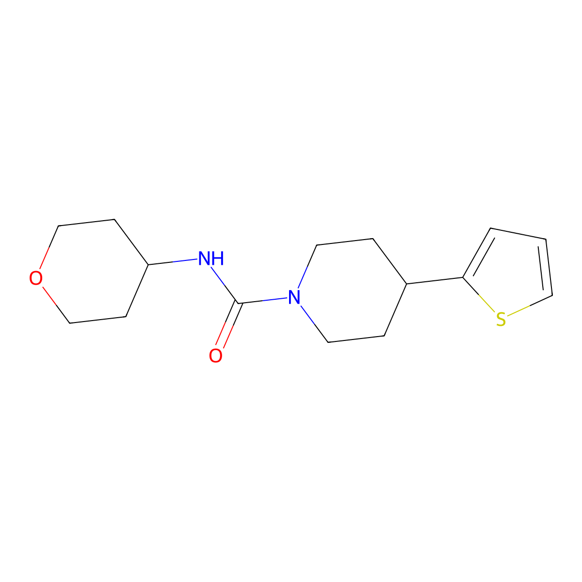 N-(tetrahydro-2H-pyran-4-yl)-4-(thiophen-2-yl)piperidine-1-carboxamide molecular structure, CAS 2034622-14-3