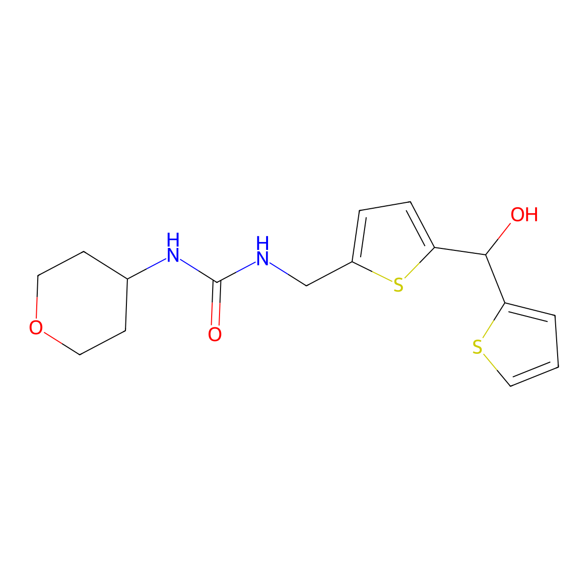 1-((5-(hydroxy(thiophen-2-yl)methyl)thiophen-2-yl)methyl)-3-(tetrahydro-2H-pyran-4-yl)urea molecular structure, CAS 2034622-17-6