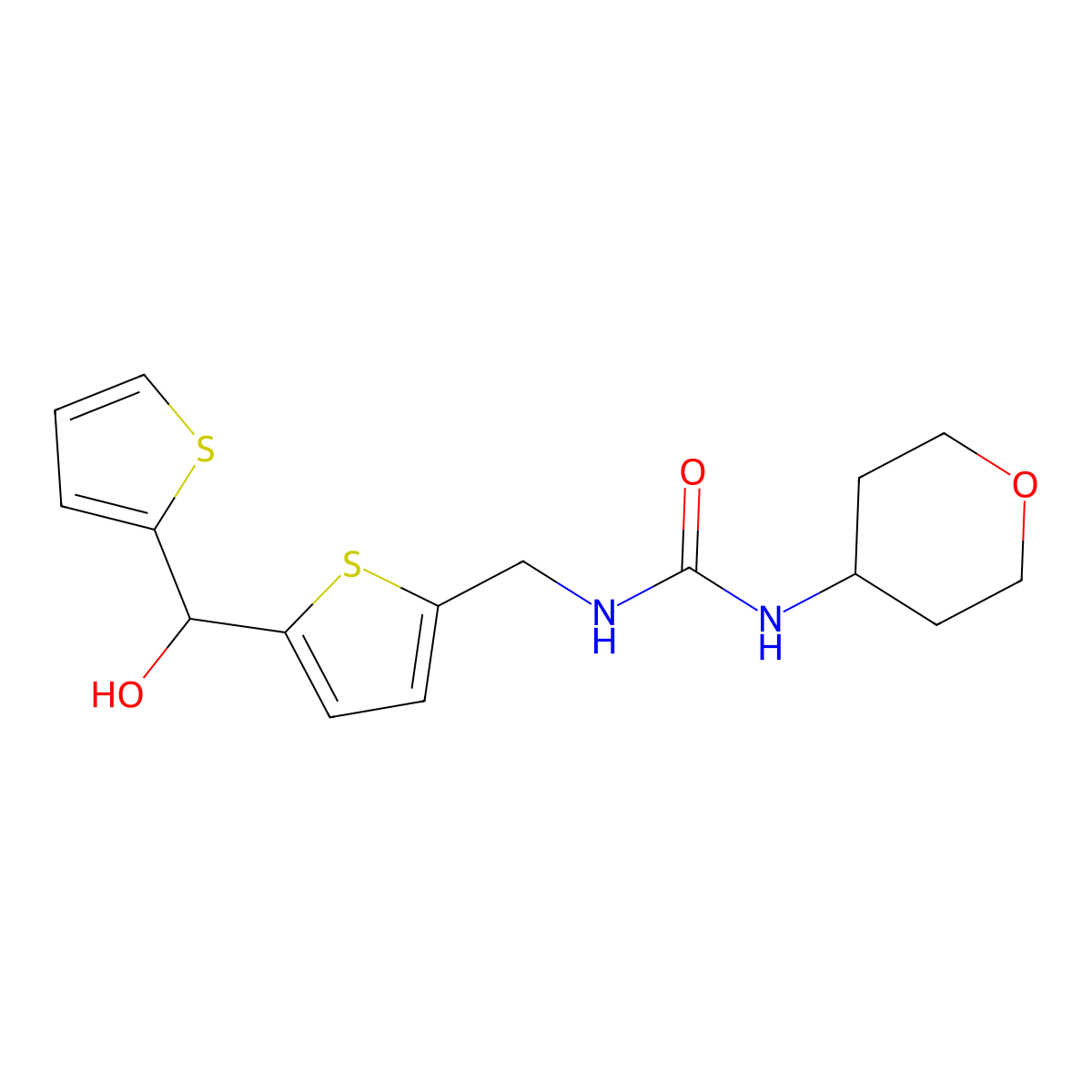 1-((5-(hydroxy(thiophen-2-yl)methyl)thiophen-2-yl)methyl)-3-(tetrahydro-2H-pyran-4-yl)urea molecular structure, CAS 2034622-17-6