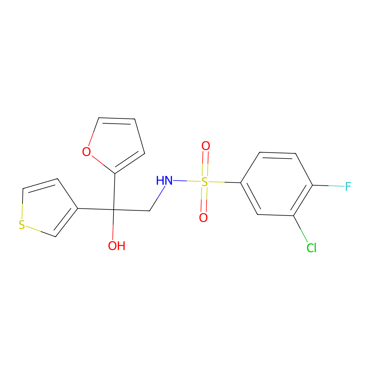 3-chloro-4-fluoro-N-(2-(furan-2-yl)-2-hydroxy-2-(thiophen-3-yl)ethyl)benzenesulfonamide molecular structure, CAS 2034622-35-8