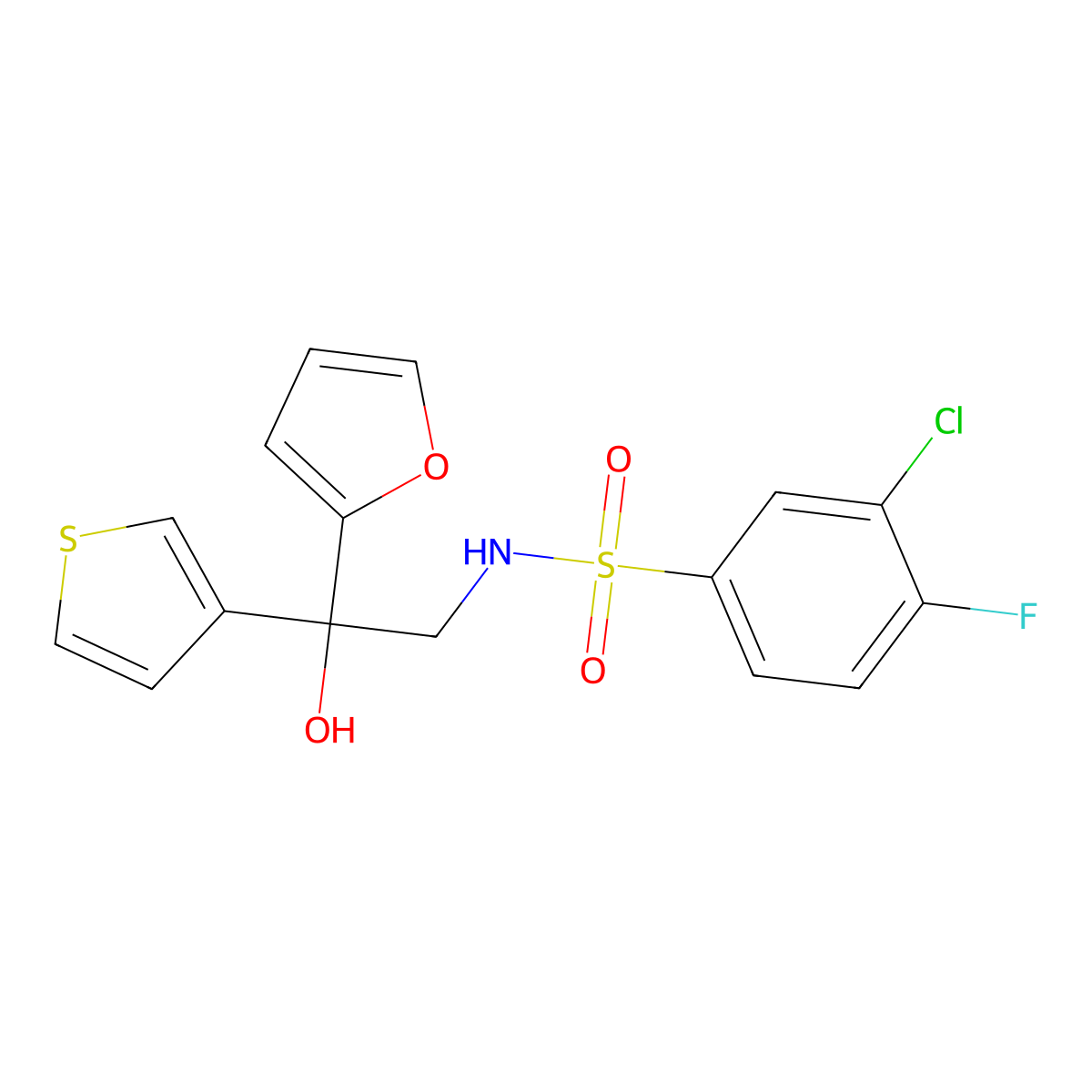 3-chloro-4-fluoro-N-(2-(furan-2-yl)-2-hydroxy-2-(thiophen-3-yl)ethyl)benzenesulfonamide molecular structure, CAS 2034622-35-8
