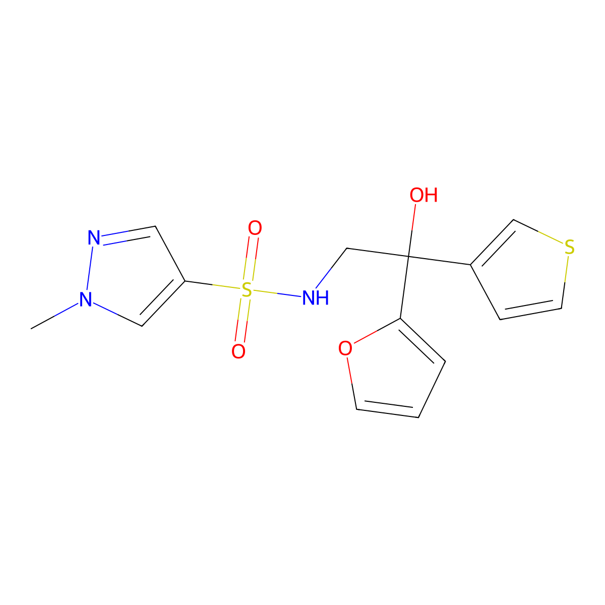 N-[2-(furan-2-yl)-2-hydroxy-2-(thiophen-3-yl)ethyl]-1-methyl-1H-pyrazole-4-sulfonamide molecular structure, CAS 2034622-44-9