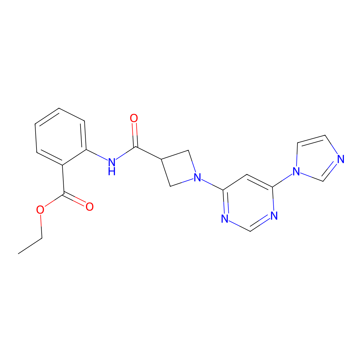 ethyl 2-(1-(6-(1H-imidazol-1-yl)pyrimidin-4-yl)azetidine-3-carboxamido)benzoate molecular structure, CAS 2034622-51-8