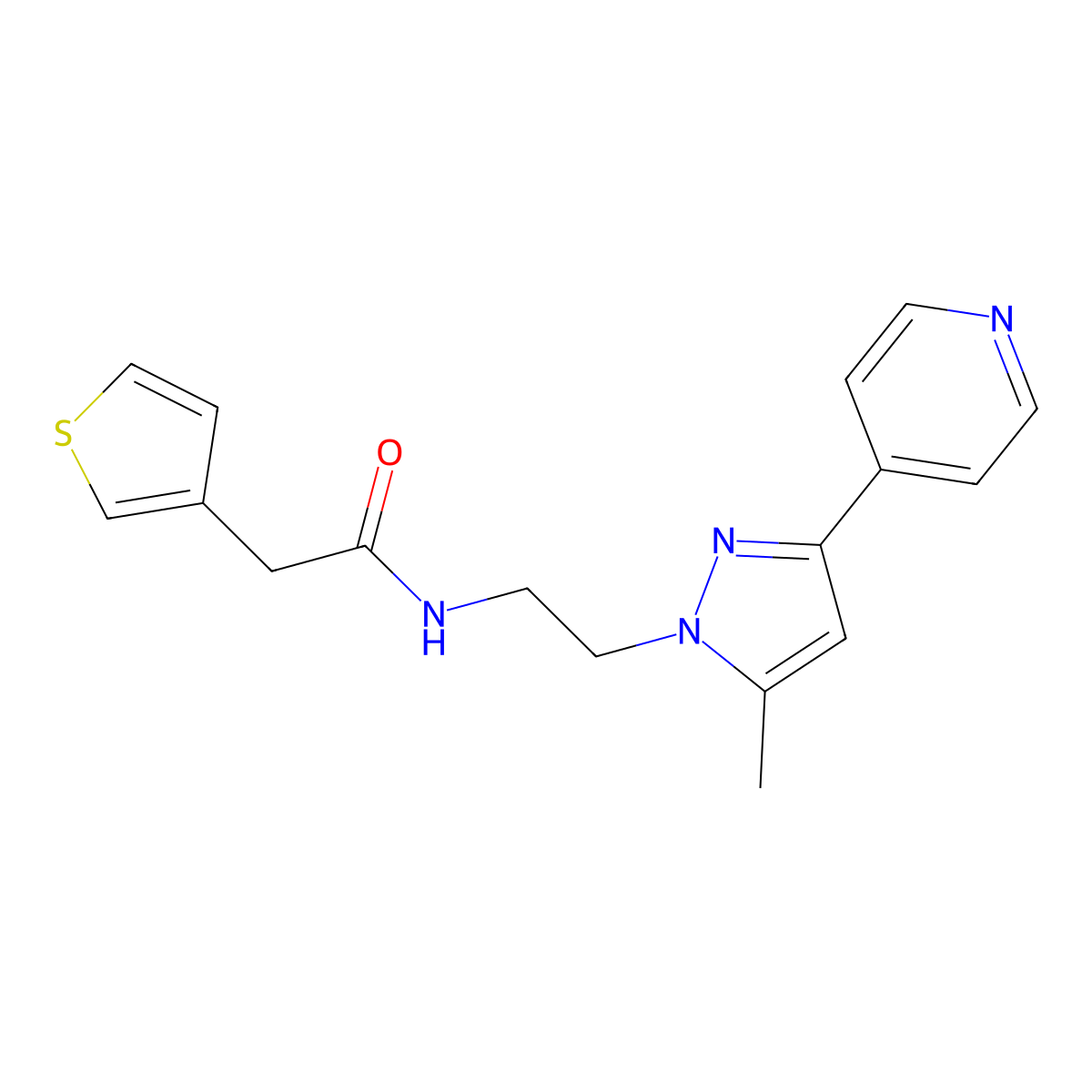 N-(2-(5-methyl-3-(pyridin-4-yl)-1H-pyrazol-1-yl)ethyl)-2-(thiophen-3-yl)acetamide molecular structure, CAS 2034622-54-1