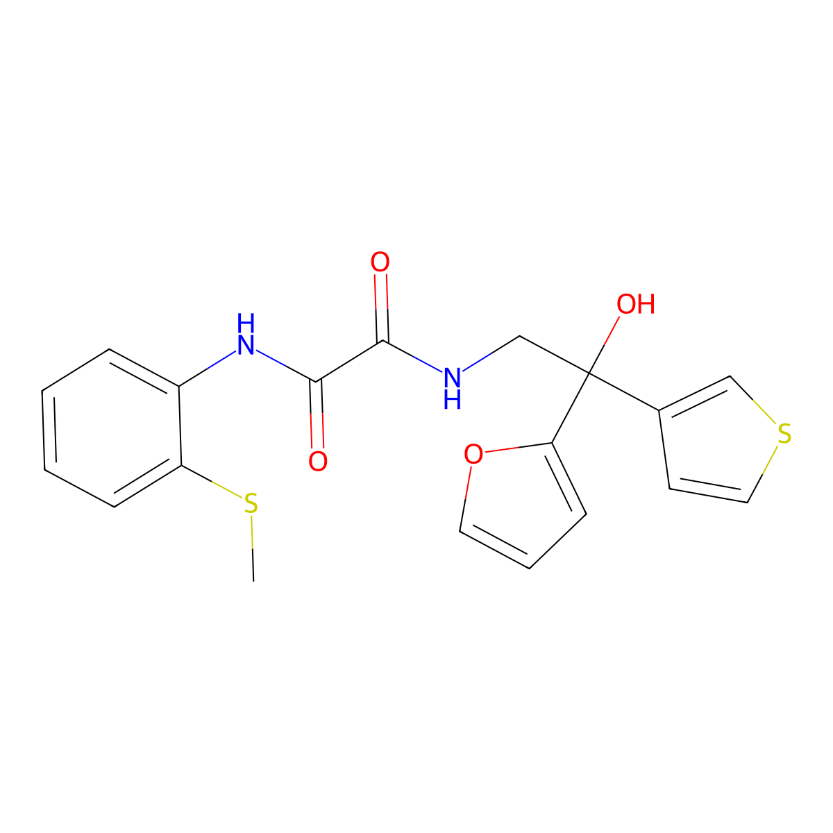 N1-(2-(furan-2-yl)-2-hydroxy-2-(thiophen-3-yl)ethyl)-N2-(2-(methylthio)phenyl)oxalamide molecular structure, CAS 2034632-96-5