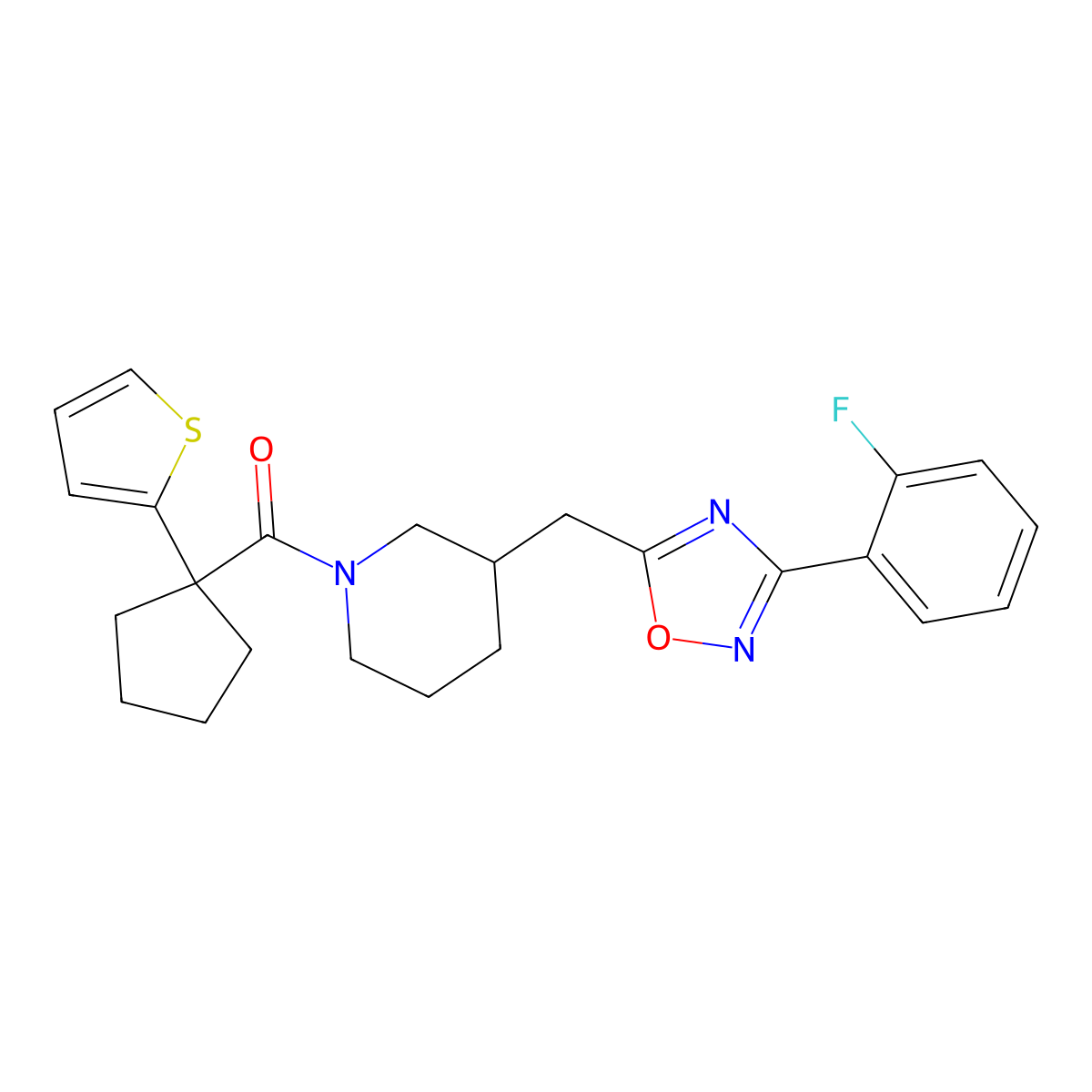 (3-((3-(2-Fluorophenyl)-1,2,4-oxadiazol-5-yl)methyl)piperidin-1-yl)(1-(thiophen-2-yl)cyclopentyl)methanone molecular structure, CAS 2034632-97-6